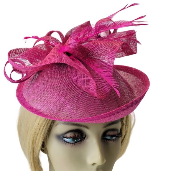 Magenta Purple Disc Fascinator with Upturned Brims Loops Bows and Feathers - Picture 1 of 14